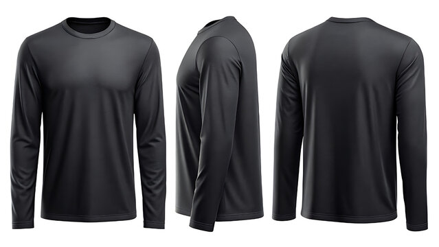 A long sleeve charcoal gray tshirt is shown from three different angles apparel mockup, garment visualisation, t shirt template, clothing presentation, fashion mockup
