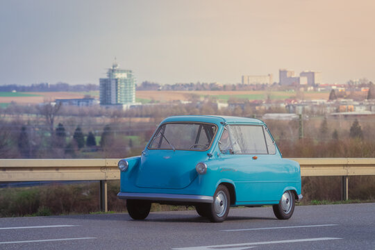 Z&uuml;ndapp Janus classic vintage german micro car on a countryside road
