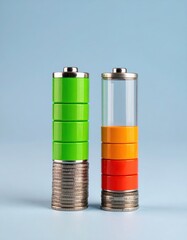 Two battery-shaped stacks, charging levels denoted, on a coin pile