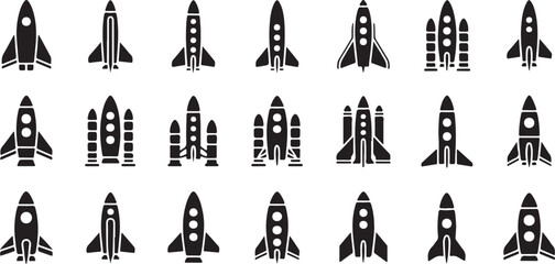 Collection of Black Rocket Ship Silhouettes Various Designs Spacecraft Icons Vector Illustration Set © Mst
