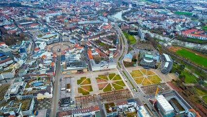 Aerial view of the downtown of the city Kassel in Germany on a cloudy afternoon in autumn