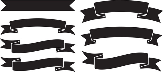Collection of Eight Black Vector Silhouettes of Ribbons Banners with Varied Shapes and Sizes Ideal for Design Projects and Templates