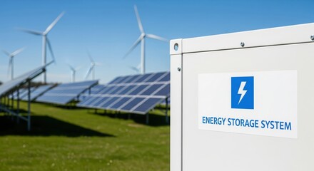 Renewable Energy Storage Unit Near Solar Panels and Wind Turbines
