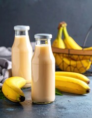 Two bottles of smoothie, bananas near a basket