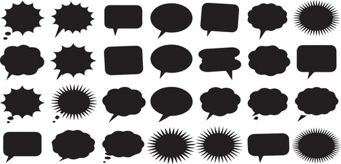 Collection of Thirty Six Black Vector Silhouette Speech Bubbles Various Shapes and Sizes Blank Text Boxes Comic Book Style Design Elements