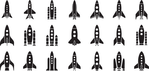 Collection of Twenty Black Space Rocket Silhouettes Vector Icons Various Designs Spacecraft Illustrations