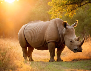 Obraz premium Rhino, Wildlife Photography, A natural scene in the forest at sunset. rhino in the wild.