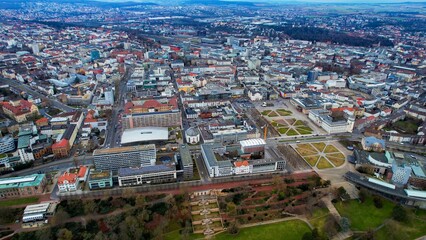 Aerial view of the downtown of the city Kassel in Germany on a cloudy afternoon in autumn