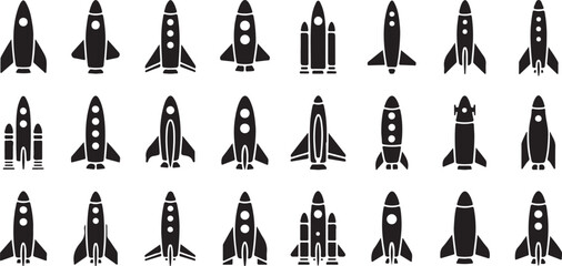 Collection of Twenty Four Black Silhouette Rocket Ship Icons Vector Graphics Space Travel Launch Exploration Startup