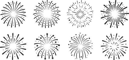 Obraz premium Eight Black and White Vector Silhouettes of Fireworks Explosions with Varying Line Thickness and Star Details Celebration Event Design Elements