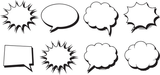 Eight Black and White Vector Comic Book Style Speech Bubbles and Thought Bubbles with Various Shapes and Sizes Including Starburst and Cloud Shapes