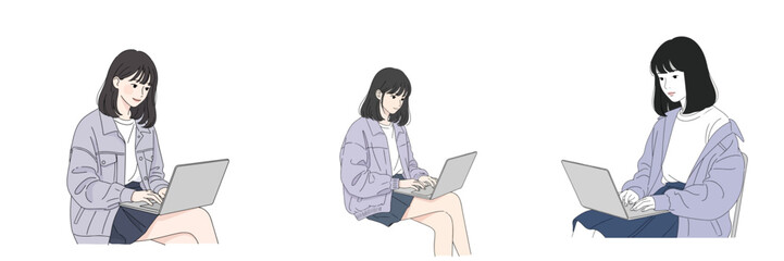Vector set of a woman playing on a laptop