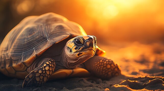 Golden Tortoise Basking In Sunset Glow