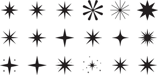 Eighteen Black Starburst Vector Silhouettes Varied Point Counts Simple Geometric Shapes Traced Design Elements