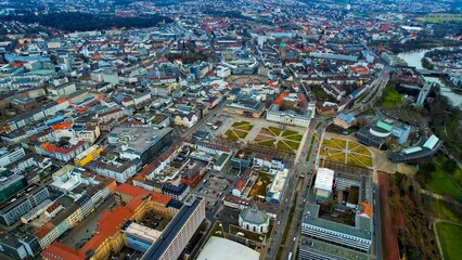 Aerial view of the downtown of the city Kassel in Germany on a cloudy afternoon in autumn