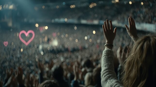 Captivating Concert Crowd with Raised Hands and Colorful Heart Shapes in Background Celebrating Passionate Music Moments