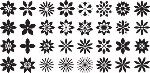 Fototapeta premium Thirty Six Black and White Vector Flower Silhouettes Diverse Floral Designs Simple Geometric Shapes Monochrome Botanical Elements Graphic Design Elements