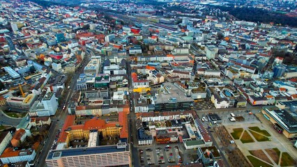 Aerial view of the downtown of the city Kassel in Germany on a cloudy afternoon in autumn