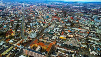 Aerial view of the downtown of the city Kassel in Germany on a cloudy afternoon in autumn