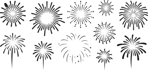Fototapeta premium Twelve Black Fireworks Vector Silhouettes Exploding in Various Shapes and Sizes Traced Illustration Set Isolated on White Background