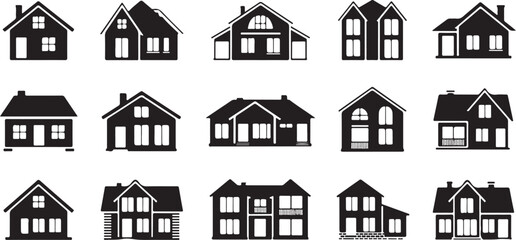 Twelve Black Silhouettes of Varied House Designs Vector Traced Illustrations Simple Home Architectural Styles Collection