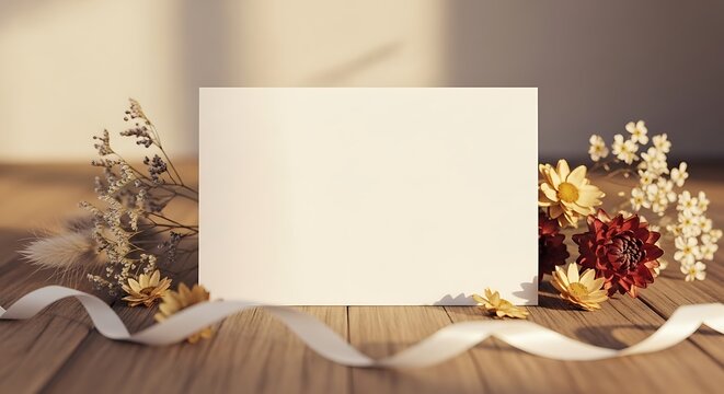 Elegant Blank Card Mockup with Floral Accents on Wooden Surface for Greetings and Invitations. Perfect for personalized messages