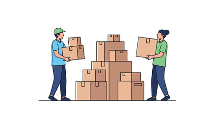 Two people carry boxes and stack packages for moving and relocation services illustration