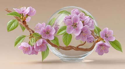 Pink Cherry Blossoms and Glass Sphere Still Life