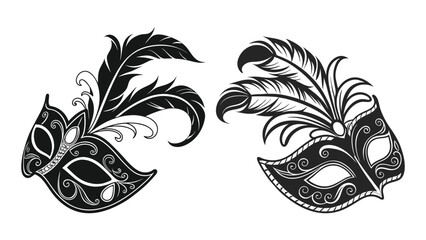 Print Black Silhouette Vector Illustration of Venetian Carnival Masks with Feathers