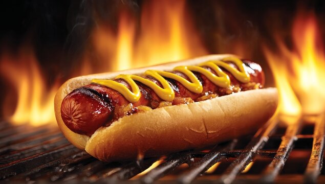 Delicious classic hot dog with yellow mustard grilling over an open flame on a barbecue. - Powered by Adobe