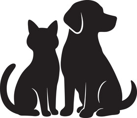 Cat and dog best friends silhouette illustration in loving pose on white background