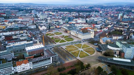 Aerial view of the downtown of the city Kassel in Germany on a cloudy afternoon in autumn
