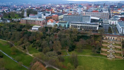 Aerial view of the downtown of the city Kassel in Germany on a cloudy afternoon in autumn