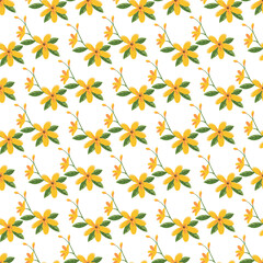 Seamless Pattern Featuring Cheerful Yellow Flowers with Green Leaves on White Background