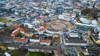 Aerial view of the downtown around the city Kassel in Hessen, Germany on a cloudy day. in autumn