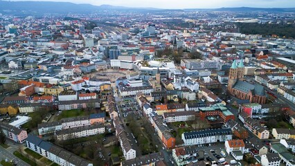 Aerial view of the downtown around the city Kassel in Hessen, Germany on a cloudy day. in autumn