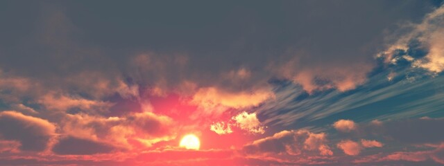 Flight among the clouds, Stormy sky, sunrise or sunset among fabulous clouds, panorama of clouds, 3D rendering