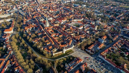 Aerial view of the old town of the city Mühlhausen in Germany on a sunny afternoon in autumn

