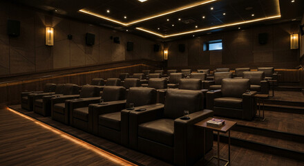 VIP place for visitors of cinema with leather armchair seats