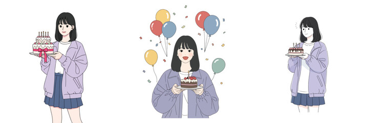Vector set of a woman holding a birthday cake