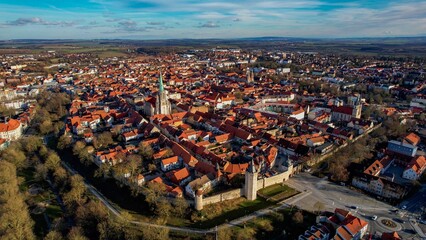 Aerial view of the old town of the city Mühlhausen in Germany on a sunny afternoon in autumn

