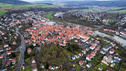 Aerial view of the old town  Melsungen in Germany on a sunny afternoon in autumn