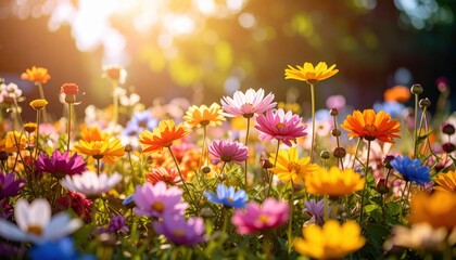 Vibrant wildflowers bloom bathed in golden, sun-drenched light