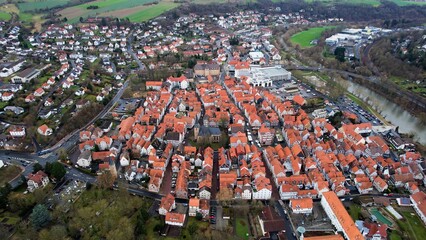 Aerial view of the old town  Melsungen in Germany on a sunny afternoon in autumn
