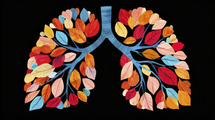 Colorful autumn leaves forming lungs shape with blue branches on black background