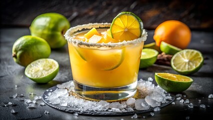 Fototapeta premium A vibrant margarita cocktail garnished with a lime wedge, surrounded by fresh citrus fruits
