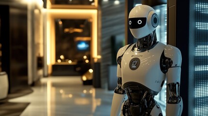Fototapeta premium Modern robot stands in a stylish, futuristic interior