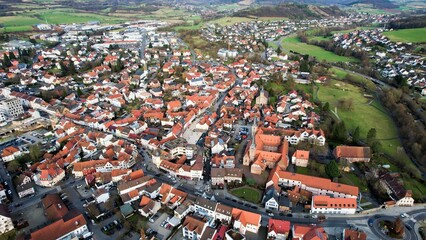 Aerial view around the city Schlüchtern, 36381 in Germany on a sunny spring day