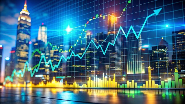 A vibrant cityscape at night with superimposed upward trending stock market graphs showing financial growth