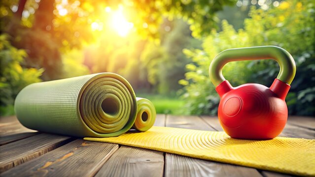 A rolledup green yoga mat and a red kettlebell rest on a wooden surface outdoors in a sunny park setting - Powered by Adobe